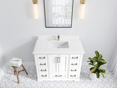 Boston 42 in. W x 22 in. D Single Sink Bathroom Vanity in White with 1.5 in Double Cove Edge White Quartz Countertop - Top View