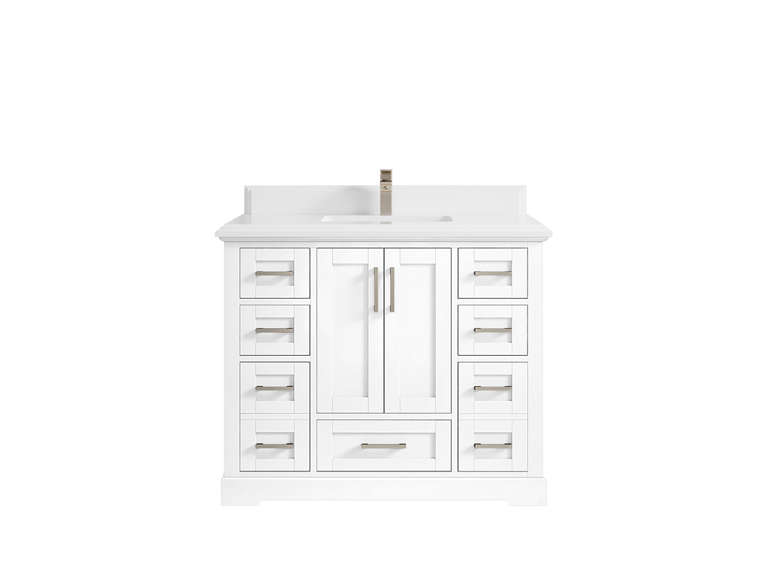 Boston 42 in. W x 22 in. D Single Sink Bathroom Vanity in White with 1.5 in Double Cove Edge White Quartz Countertop