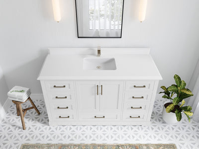 Boston 60 in. W x 22 in. D Single Sink Bathroom Vanity in White with 1.5 in Double Cove Edge White Quartz Countertop - Top View