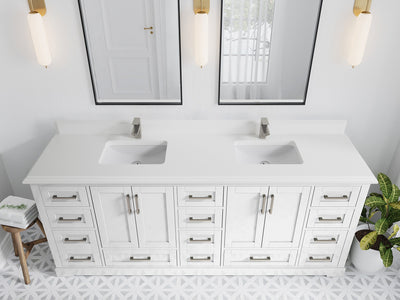 Boston 84 in. W x 22 in. D Double Sink Bathroom Vanity in White with 1.5 in Double Cove Edge White Quartz Countertop - Top View