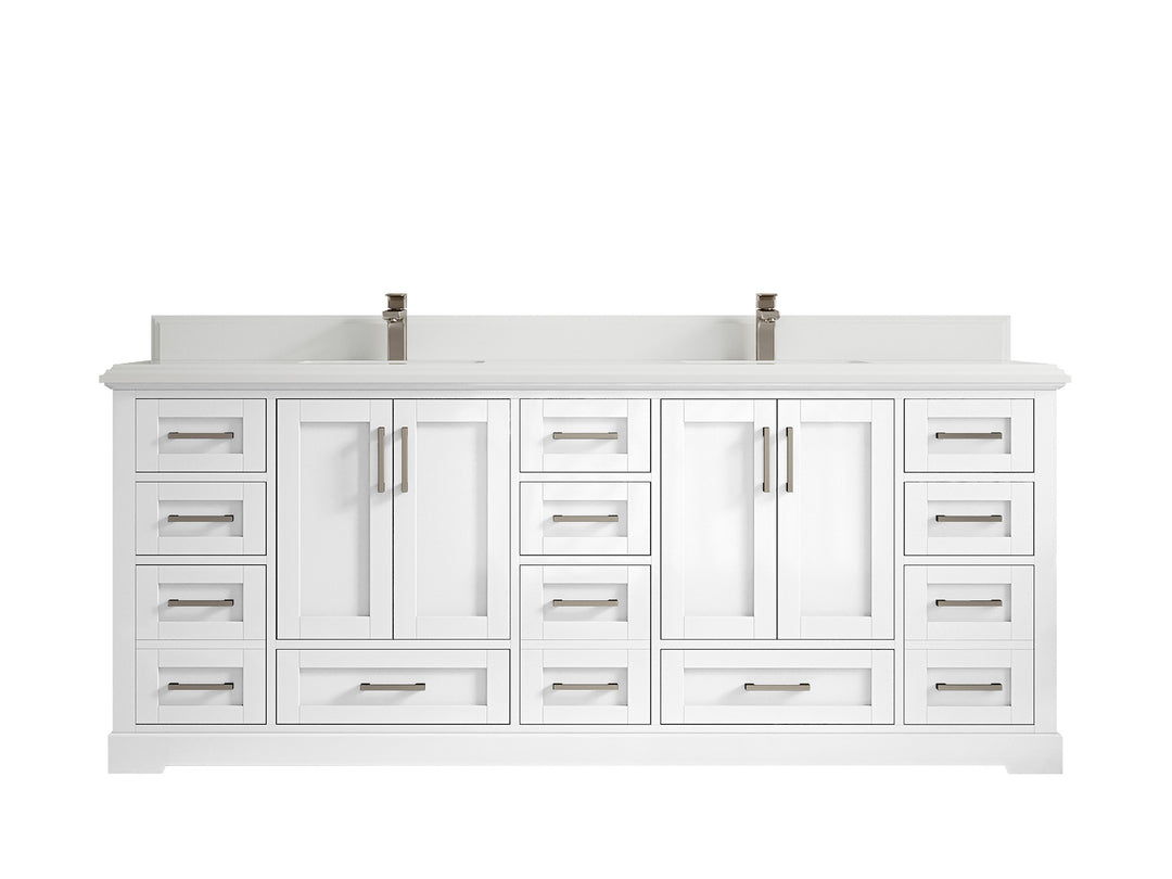 Boston 84 in. W x 22 in. D Double Sink Bathroom Vanity in White with 1.5 in Double Cove Edge White Quartz Countertop