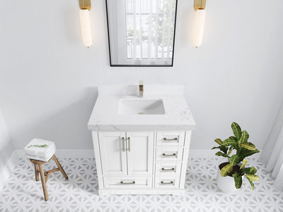 Boston 36 in. W x 22 in. D Single Sink Bathroom Vanity in White with 2 in Empira White Quartz Countertop - Top View