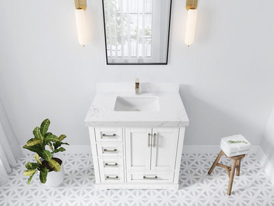 Boston 36 in. W x 22 in. D Single Sink Bathroom Vanity in White with 2 in Empira White Quartz Countertop - Top View