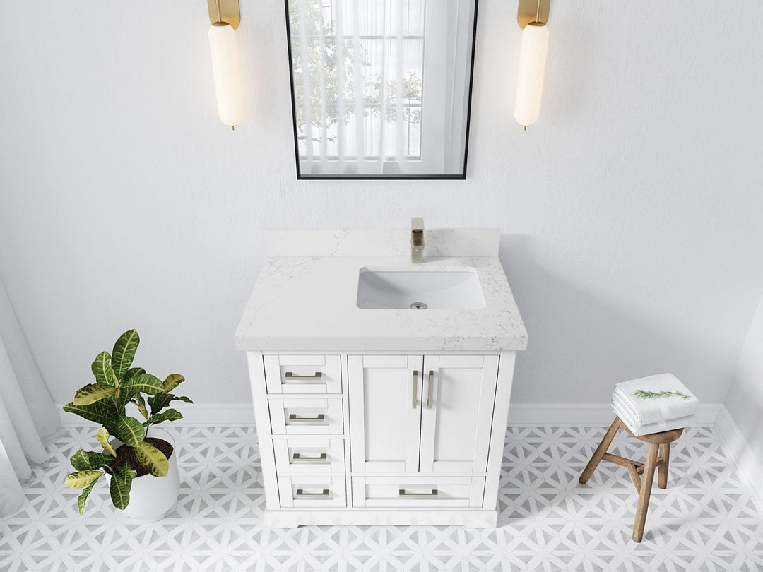 Boston 36 in. W x 22 in. D Single Sink Bathroom Vanity in White with 2 in Empira White Quartz Countertop - Top View