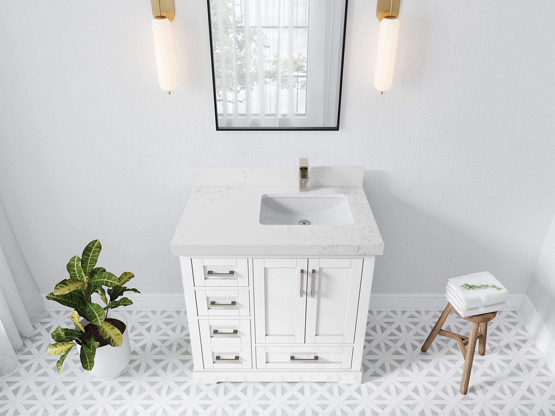 Boston 36 in. W x 22 in. D Single Sink Bathroom Vanity in White with 2 in Empira White Quartz Countertop - Top View