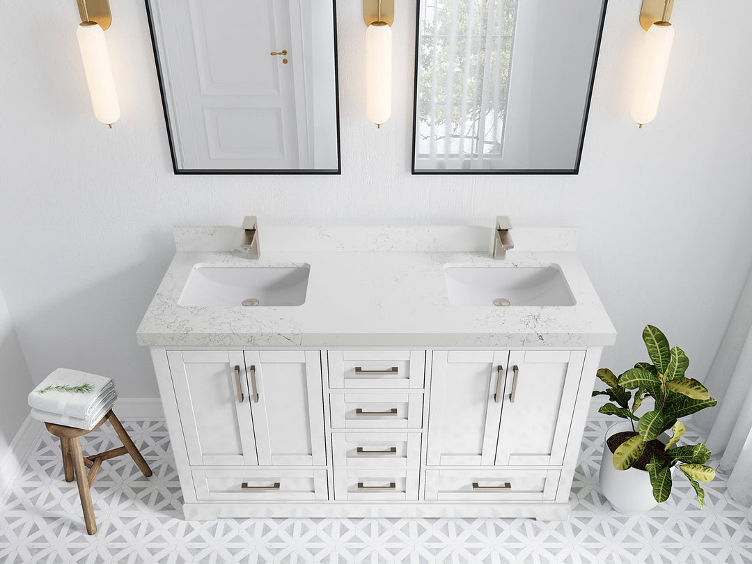 Boston 60 in. W x 22 in. D Double Sink Bathroom Vanity in White with 2 in Empira White Quartz Countertop - Top View