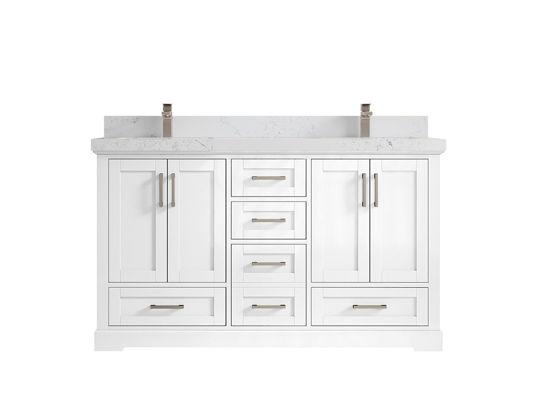 Boston 60 in. W x 22 in. D Double Sink Bathroom Vanity in White with 2 in Empira White Quartz Countertop
