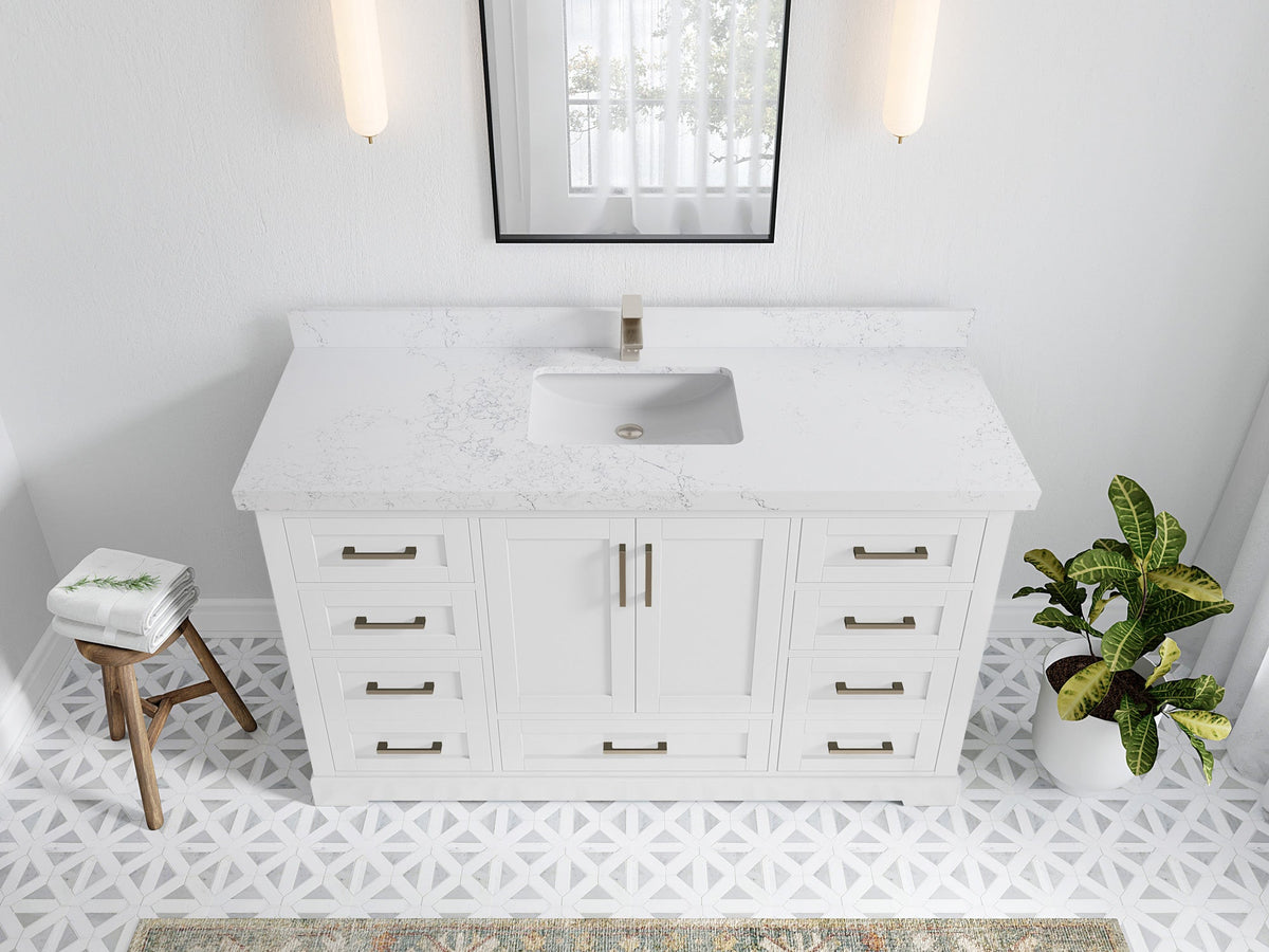Boston 60 in. W x 22 in. D Single Sink Bathroom Vanity in White with 2 in Empira White Quartz Countertop - Top View
