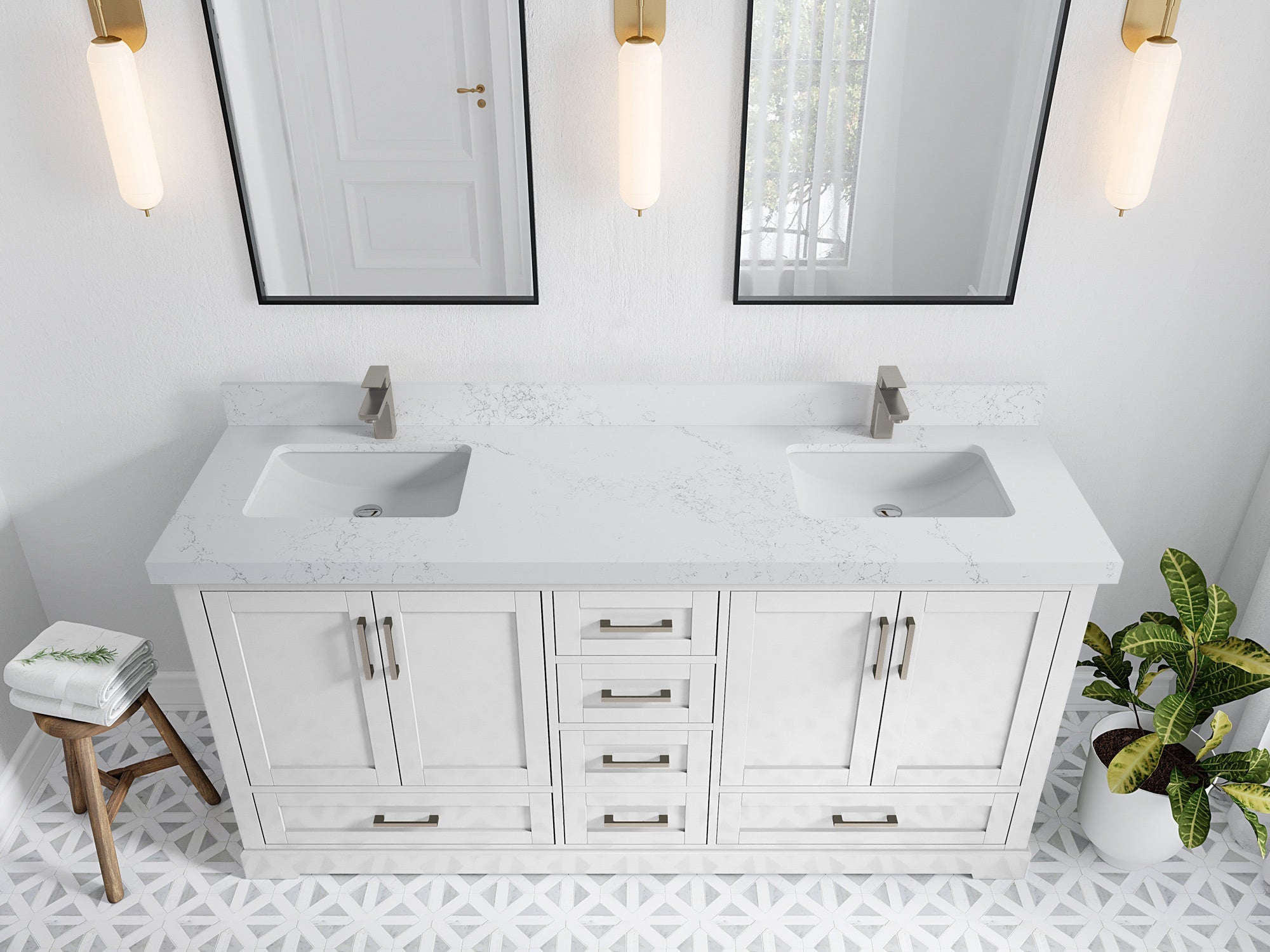 Boston 72 in. W x 22 in. D Double Sink Bathroom Vanity in White with 2 in Empira White Quartz Countertop - Top View