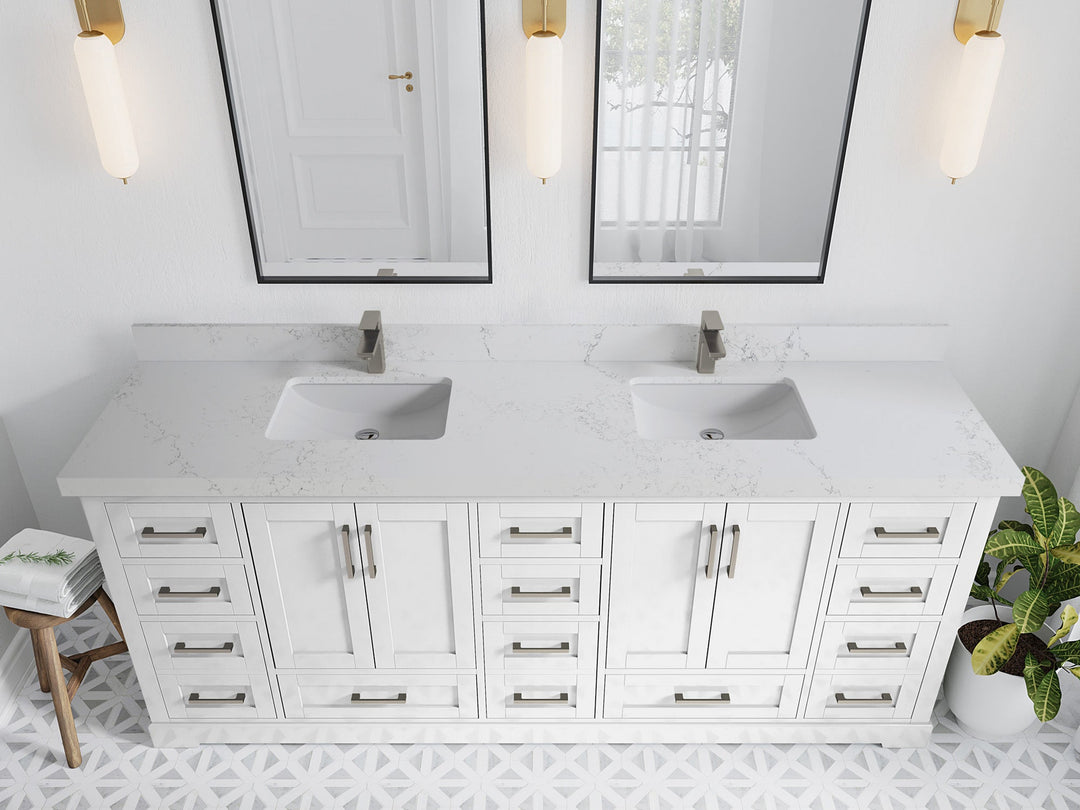 Boston 84 in. W x 22 in. D Double Sink Bathroom Vanity in White with 2 in Empira White Quartz Countertop - Top View