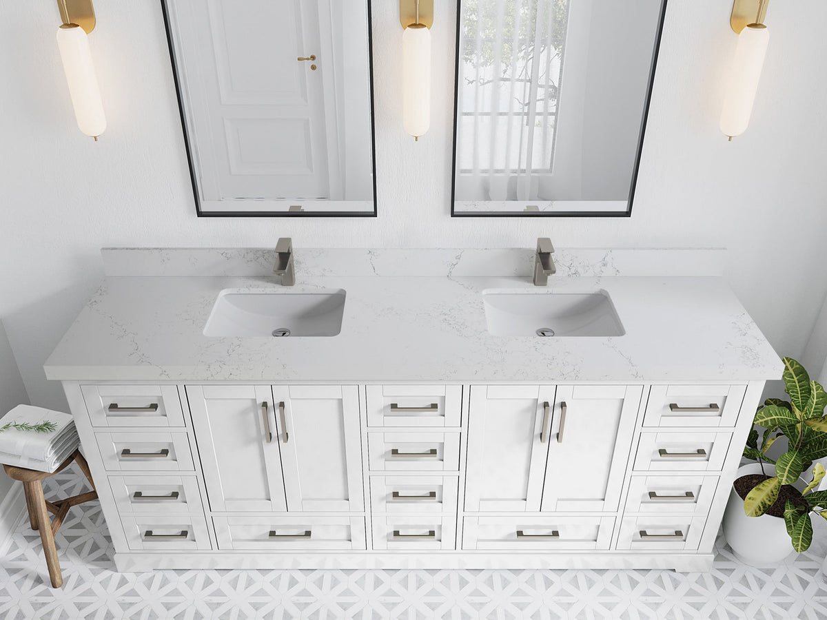 Boston 84 in. W x 22 in. D Double Sink Bathroom Vanity in White with 2 in Empira White Quartz Countertop - Top View