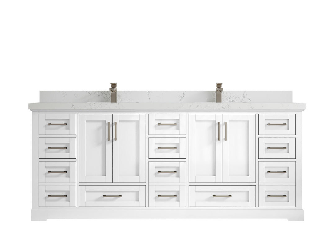 Boston 84 in. W x 22 in. D Double Sink Bathroom Vanity in White with 2 in Empira White Quartz Countertop