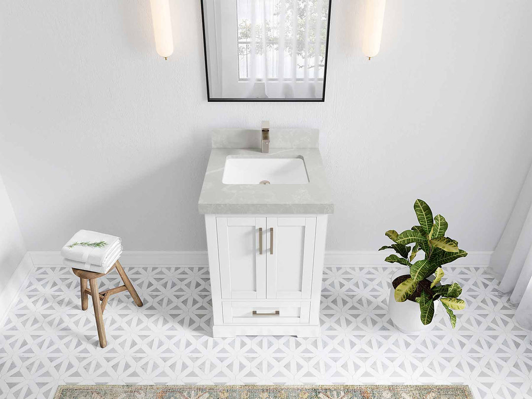 Boston 24 in. W x 22 in. D Single Sink Bathroom Vanity in White with 2 in Pearl Light Gray Quartz Countertop - Top View
