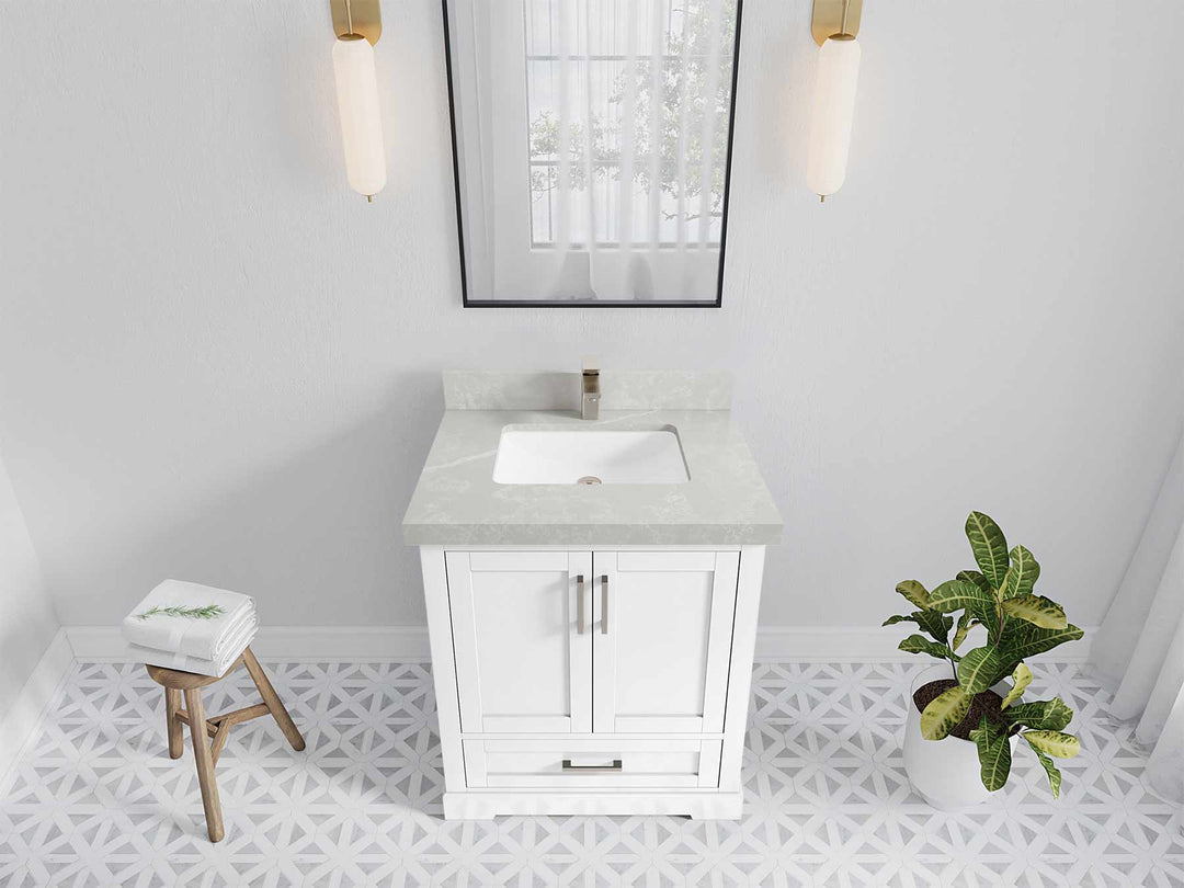 Boston 30 in. W x 22 in. D Single Sink Bathroom Vanity in White with 2 in Pearl Light Gray Quartz Countertop - Top View