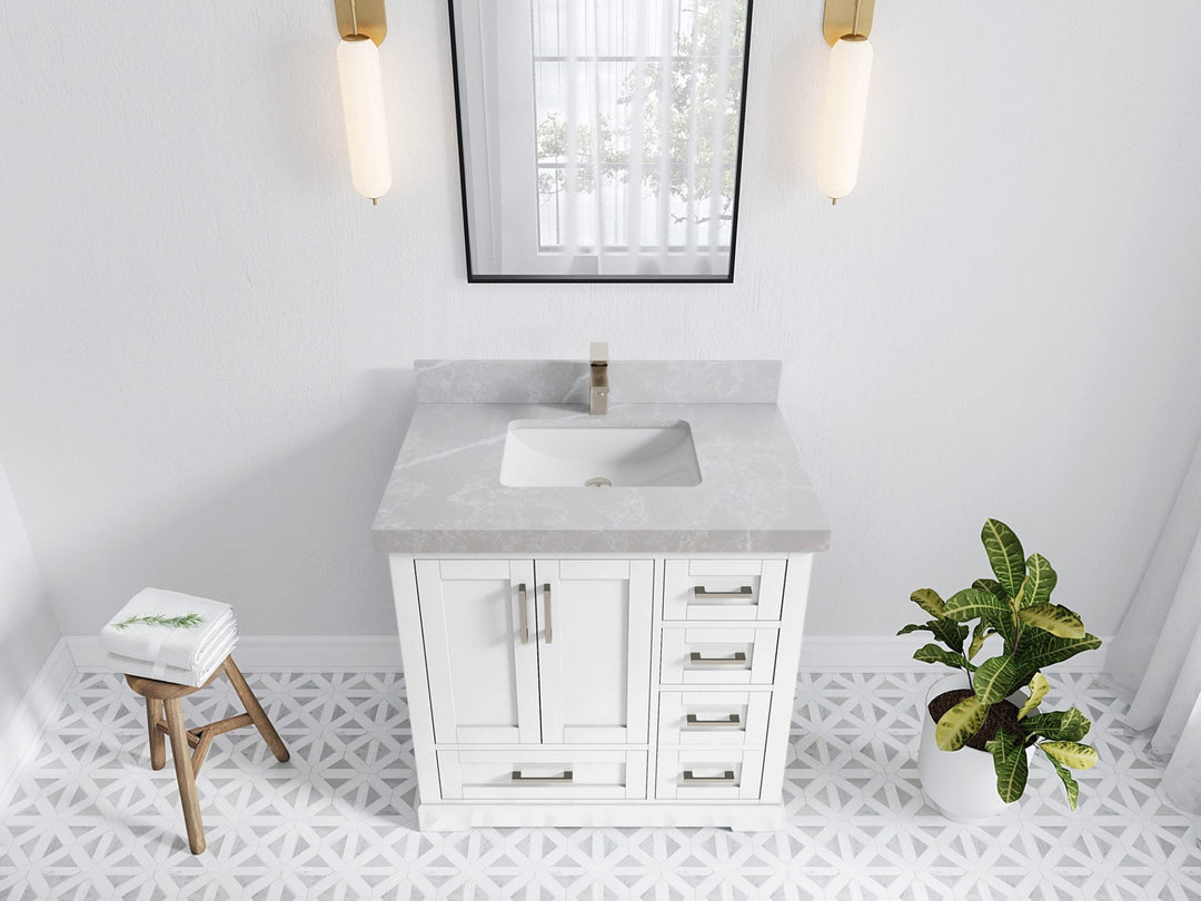 Boston 36 in. W x 22 in. D Single Sink Bathroom Vanity in White with 2 in Pearl Light Gray Quartz Countertop - Top View