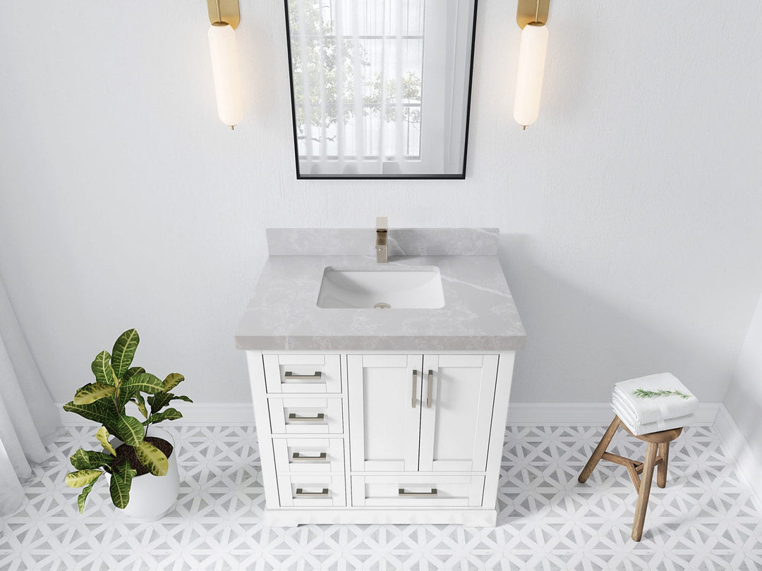 Boston 36 in. W x 22 in. D Single Sink Bathroom Vanity in White with 2 in Pearl Light Gray Quartz Countertop - Top View