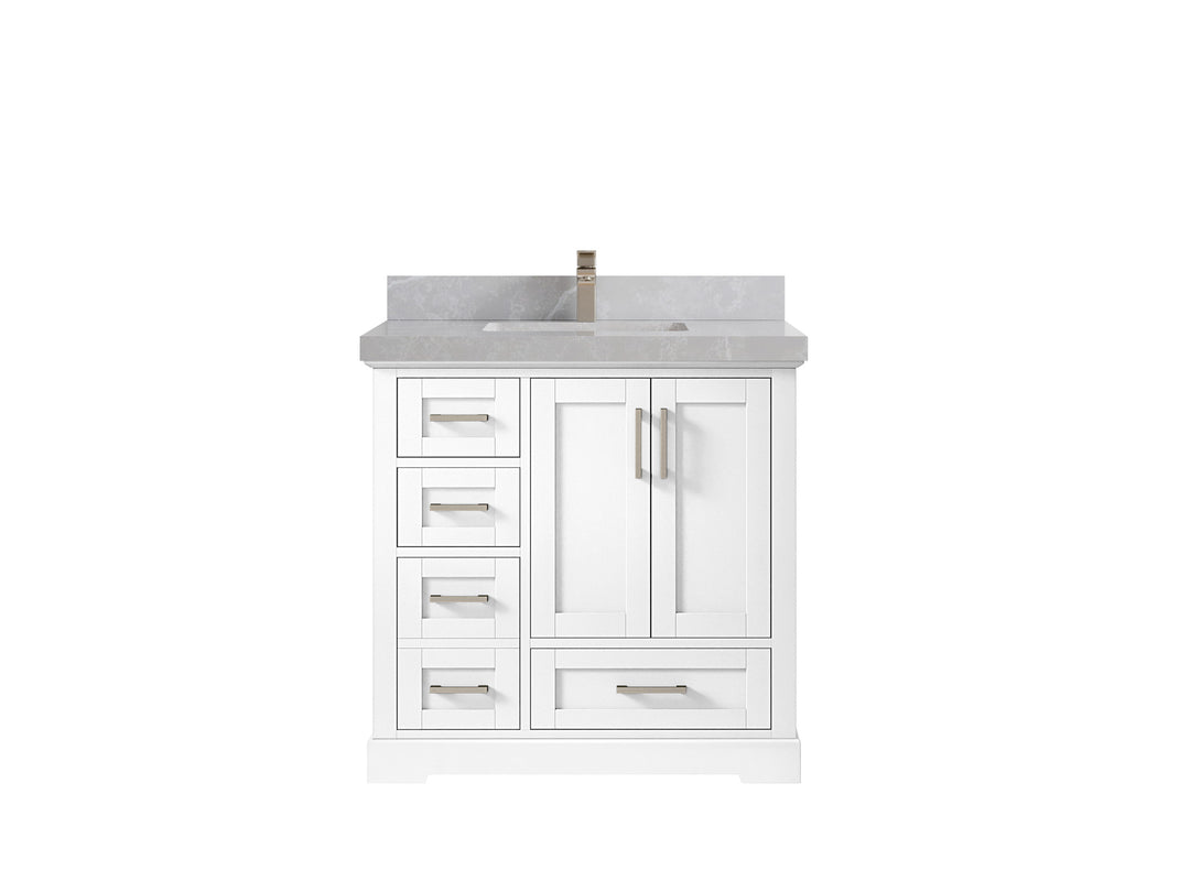 Boston 36 in. W x 22 in. D Single Sink Bathroom Vanity in White with 2 in Pearl Light Gray Quartz Countertop