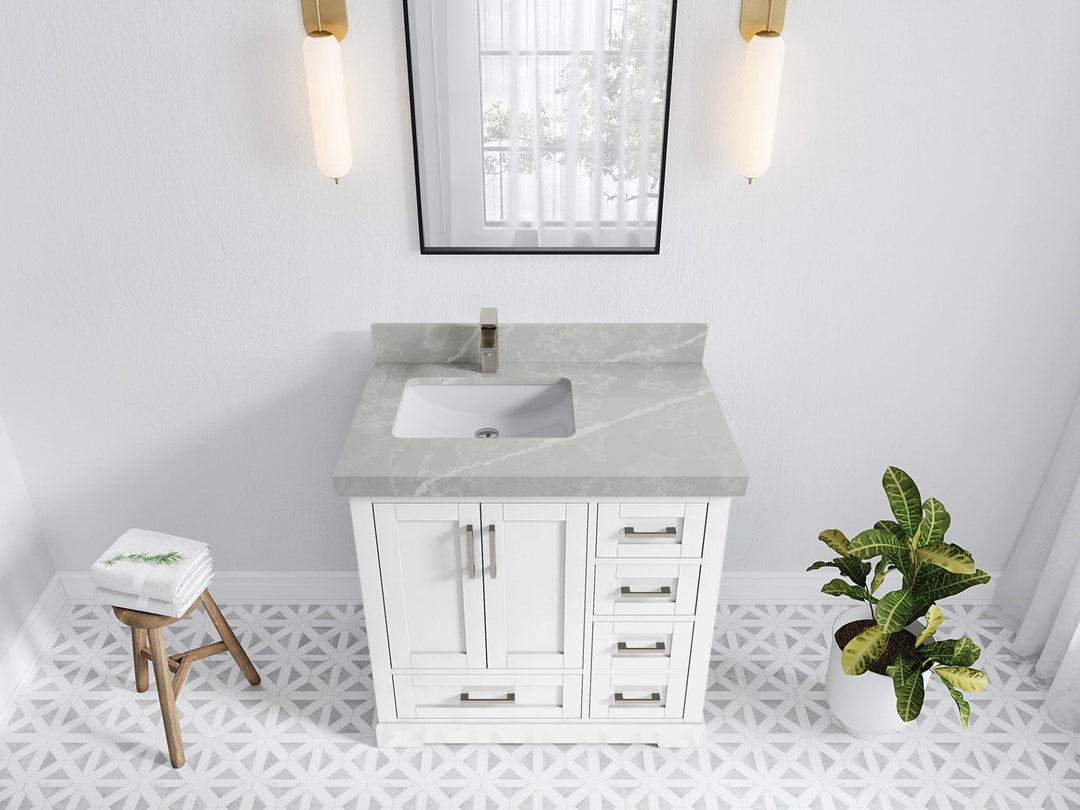 Boston 36 in. W x 22 in. D Single Sink Bathroom Vanity in White with 2 in Pearl Light Gray Quartz Countertop - Top View