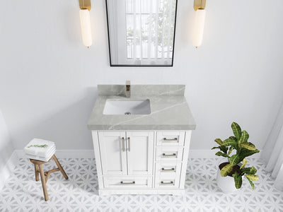 Boston 36 in. W x 22 in. D Single Sink Bathroom Vanity in White with 2 in Pearl Light Gray Quartz Countertop - Top View