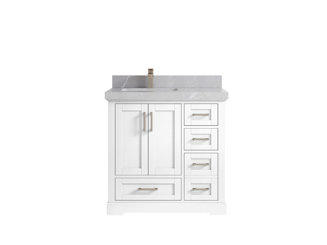 Boston 36 in. W x 22 in. D Single Sink Bathroom Vanity in White with 2 in Pearl Light Gray Quartz Countertop