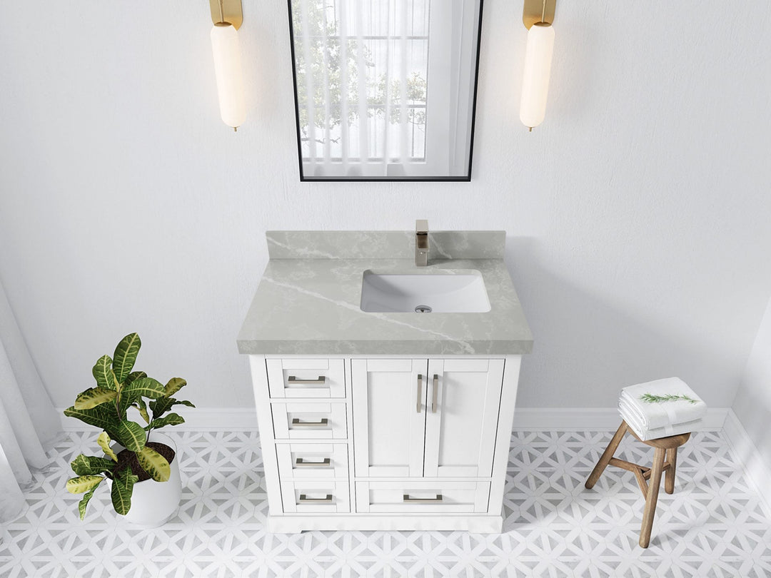 Boston 36 in. W x 22 in. D Single Sink Bathroom Vanity in White with 2 in Pearl Light Gray Quartz Countertop - Top View