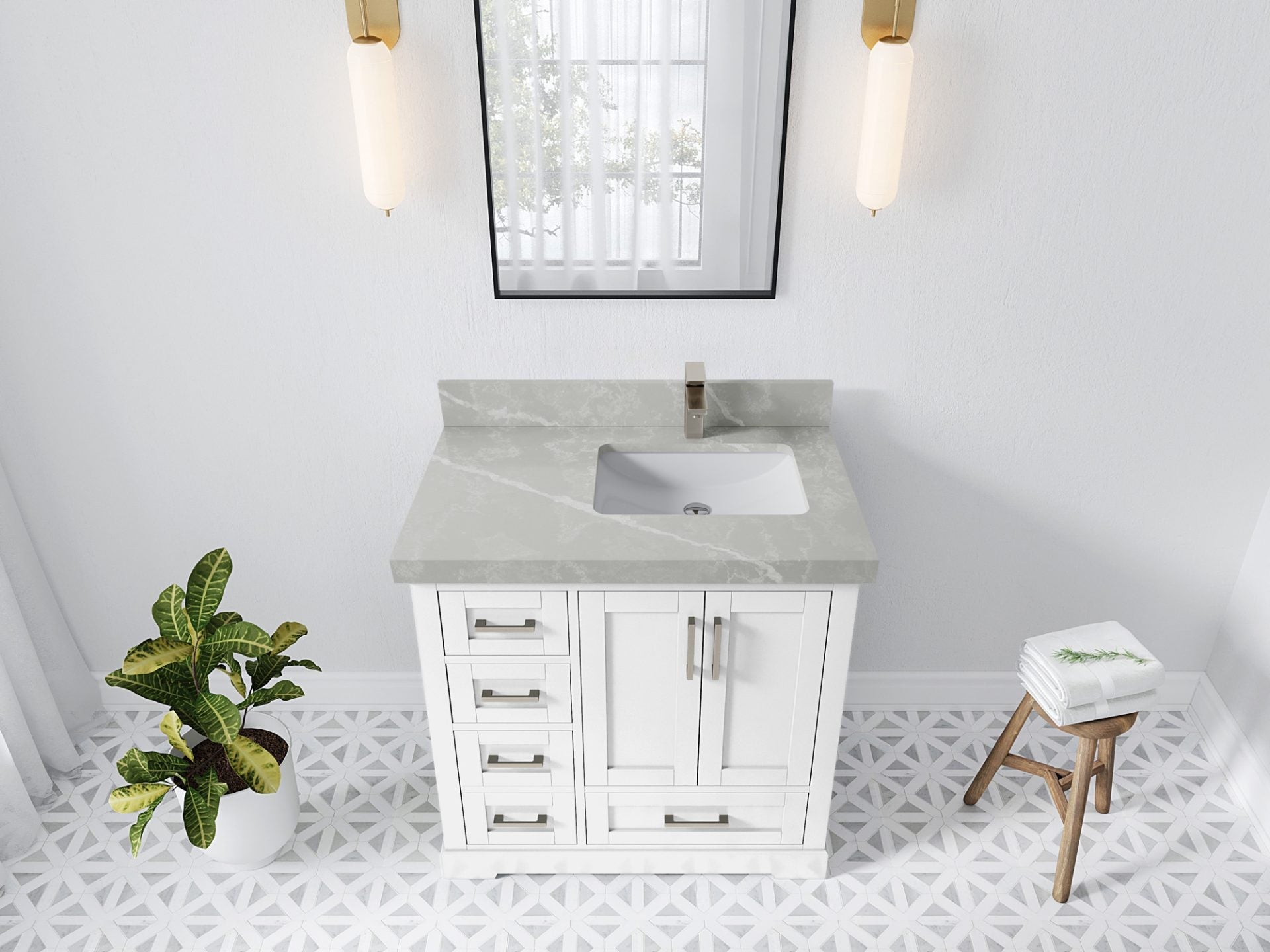 Boston 36 in. W x 22 in. D Single Sink Bathroom Vanity in White with 2 in Pearl Light Gray Quartz Countertop - Top View