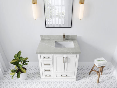 Boston 36 in. W x 22 in. D Single Sink Bathroom Vanity in White with 2 in Pearl Light Gray Quartz Countertop - Top View