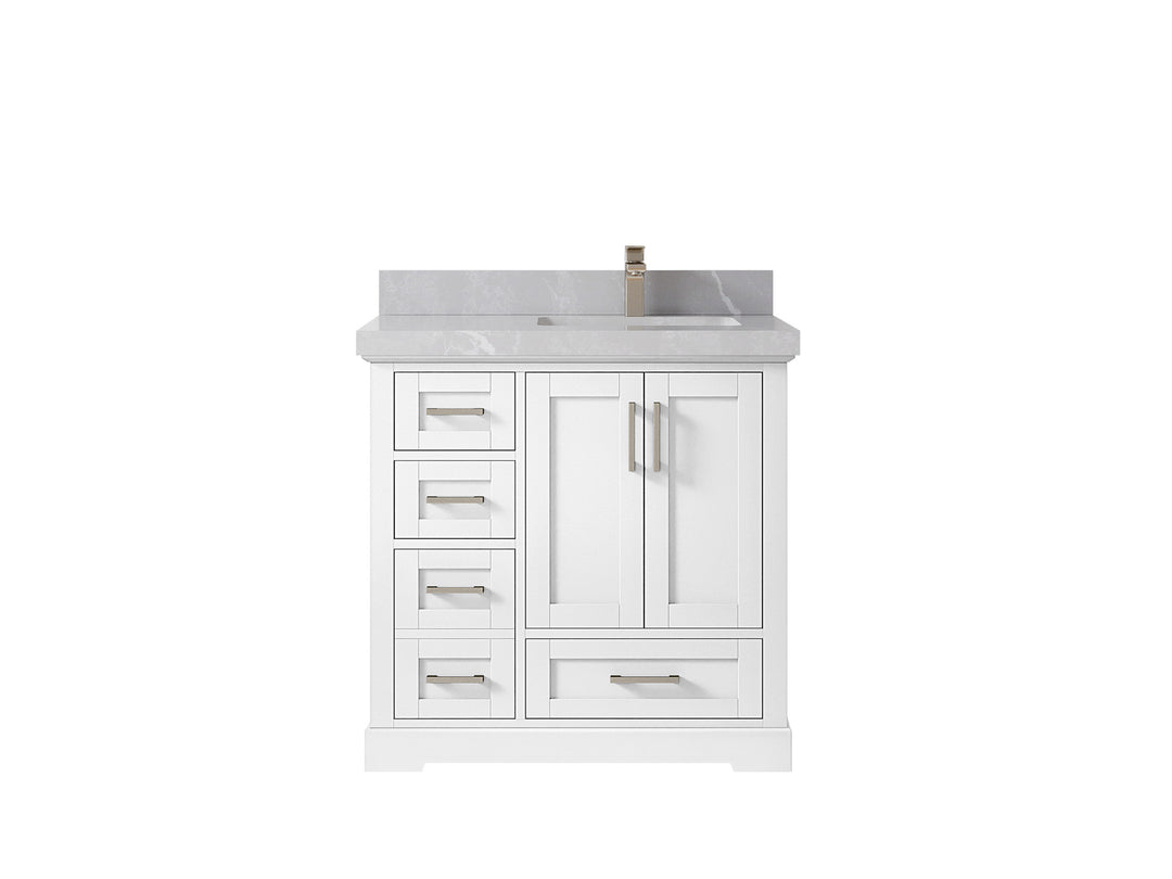 Boston 36 in. W x 22 in. D Single Sink Bathroom Vanity in White with 2 in Pearl Light Gray Quartz Countertop