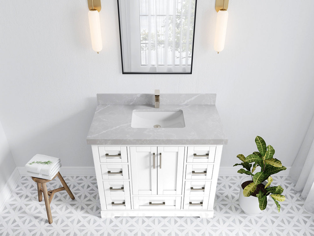 Boston 42 in. W x 22 in. D Single Sink Bathroom Vanity in White with 2 in Pearl Light Gray Quartz Countertop - Top View