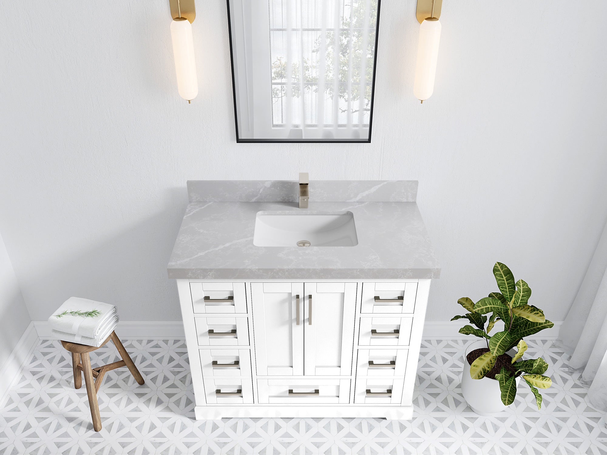 Boston 42 in. W x 22 in. D Single Sink Bathroom Vanity in White with 2 in Pearl Light Gray Quartz Countertop - Top View