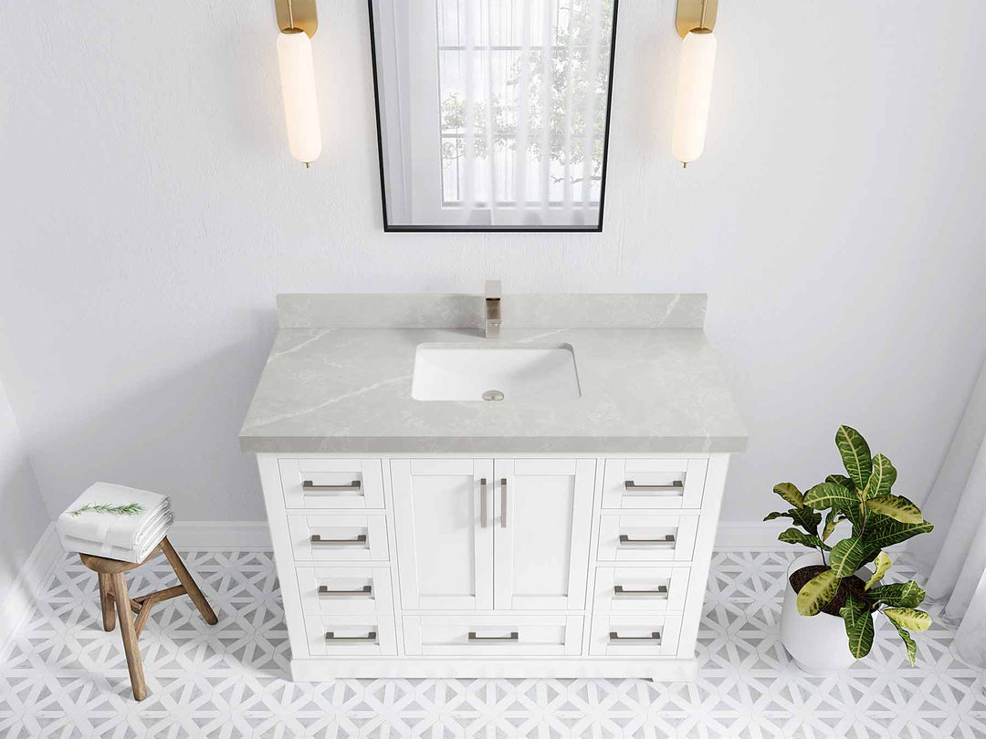 Boston 48 in. W x 22 in. D Single Sink Bathroom Vanity in White with 2 in Pearl Light Gray Quartz Countertop - Top View