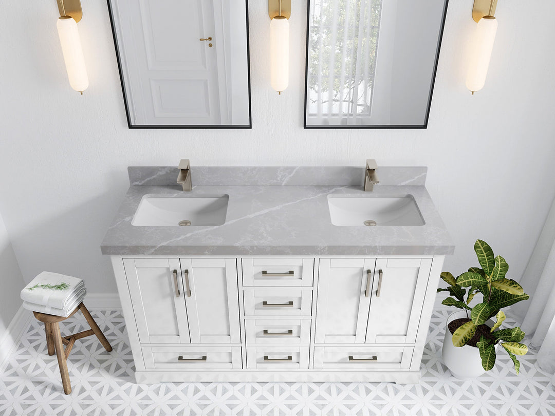 Boston 60 in. W x 22 in. D Double Sink Bathroom Vanity in White with 2 in Pearl Light Gray Quartz Countertop - Top View