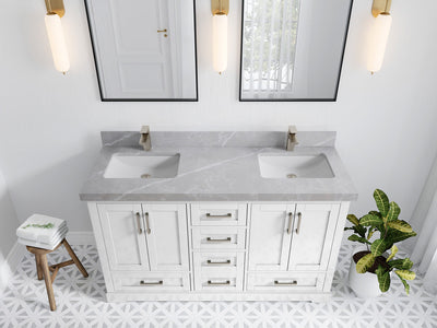 Boston 60 in. W x 22 in. D Double Sink Bathroom Vanity in White with 2 in Pearl Light Gray Quartz Countertop - Top View