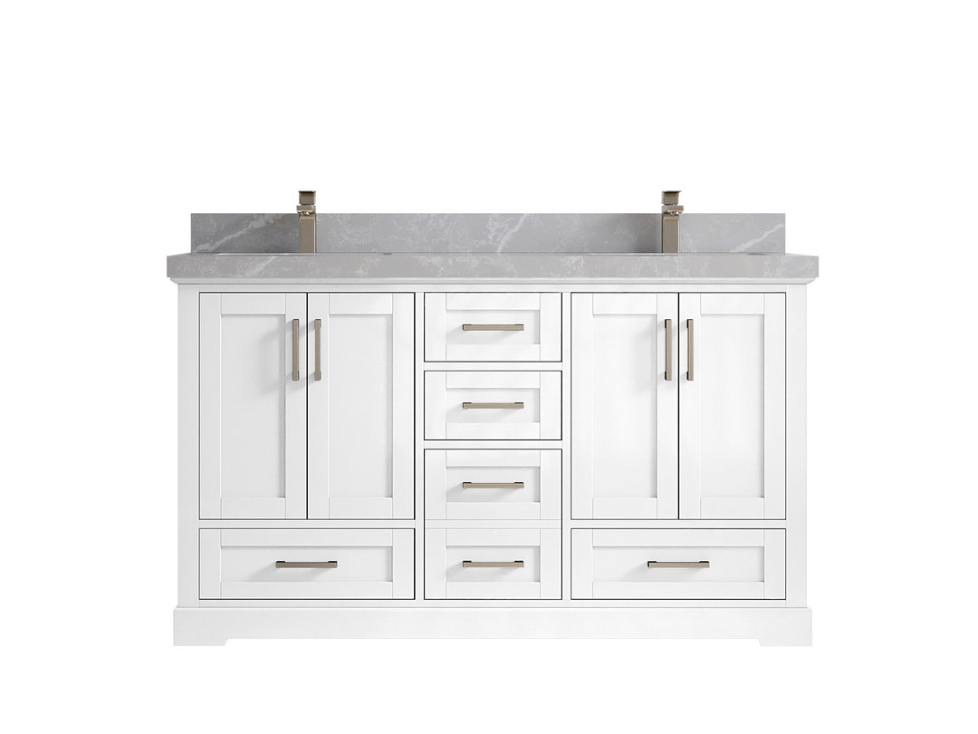 Boston 60 in. W x 22 in. D Double Sink Bathroom Vanity in White with 2 in Pearl Light Gray Quartz Countertop