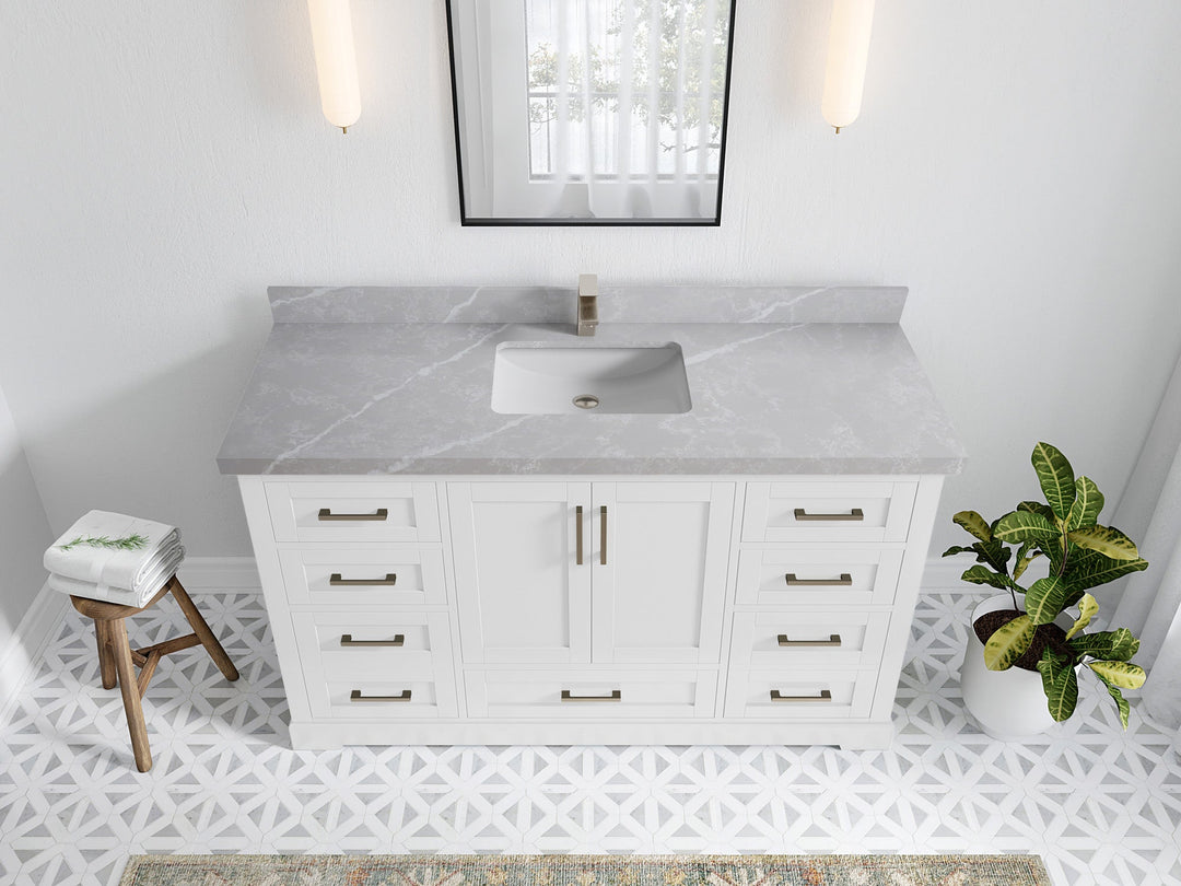 Boston 60 in. W x 22 in. D Single Sink Bathroom Vanity in White with 2 in Pearl Light Gray Quartz Countertop - Top View