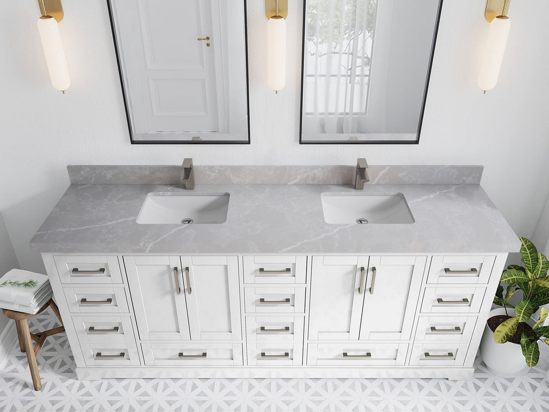 Boston 84 in. W x 22 in. D Double Sink Bathroom Vanity in White with 2 in Pearl Light Gray Quartz Countertop - Top View