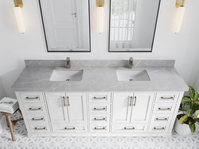 Boston 84 in. W x 22 in. D Double Sink Bathroom Vanity in White with 2 in Pearl Light Gray Quartz Countertop - Top View