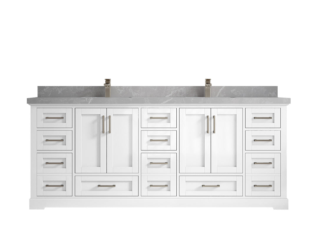 Boston 84 in. W x 22 in. D Double Sink Bathroom Vanity in White with 2 in Pearl Light Gray Quartz Countertop
