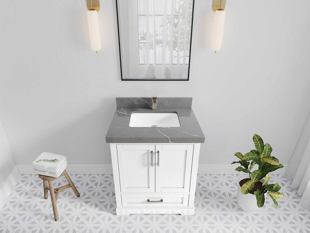 Boston 30 in. W x 22 in. D Single Sink Bathroom Vanity in White with 2 in Piatra Gray Quartz Countertop - Top View