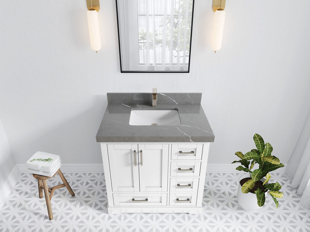 Boston 36 in. W x 22 in. D Single Sink Bathroom Vanity in White with 2 in Piatra Gray Quartz Countertop - Top View