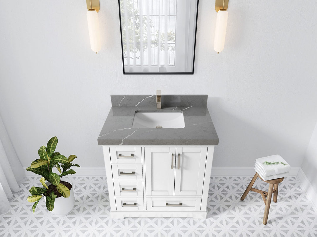 Boston 36 in. W x 22 in. D Single Sink Bathroom Vanity in White with 2 in Piatra Gray Quartz Countertop - Top View