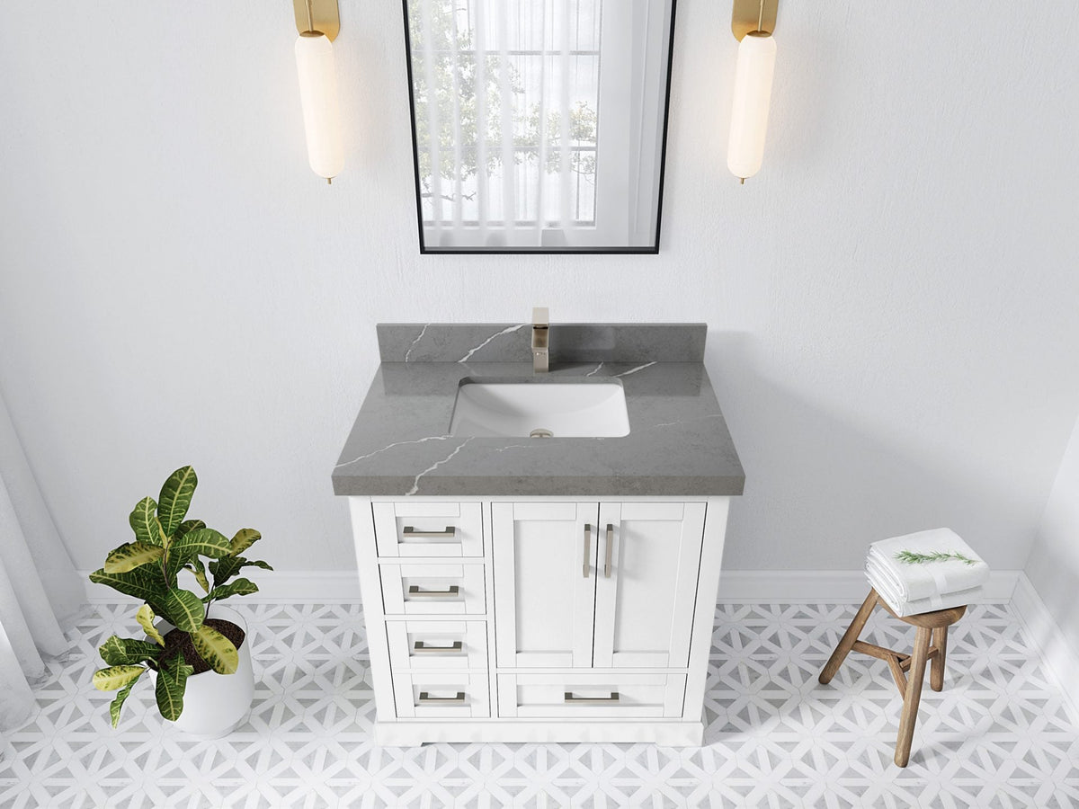 Boston 36 in. W x 22 in. D Single Sink Bathroom Vanity in White with 2 in Piatra Gray Quartz Countertop - Top View