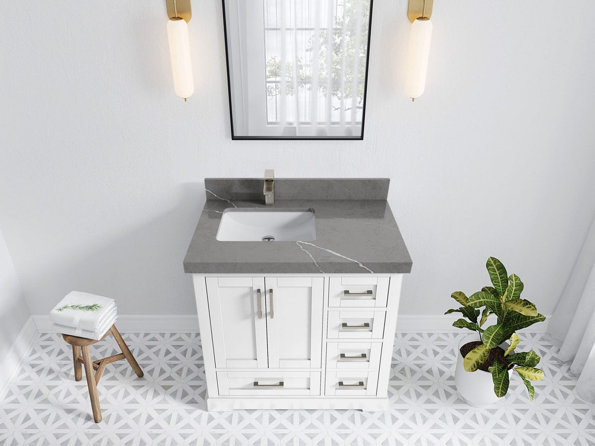 Boston 36 in. W x 22 in. D Single Sink Bathroom Vanity in White with 2 in Piatra Gray Quartz Countertop - Top View