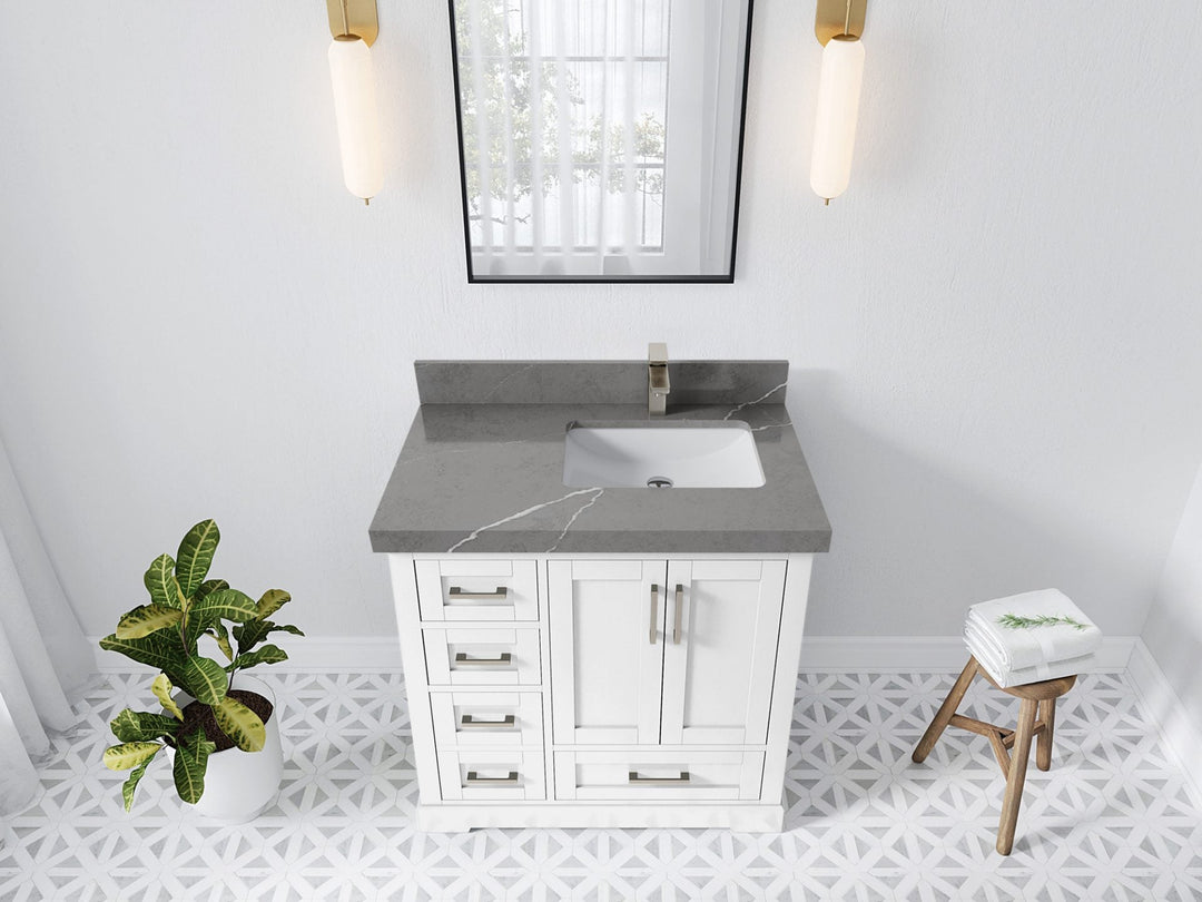 Boston 36 in. W x 22 in. D Single Sink Bathroom Vanity in White with 2 in Piatra Gray Quartz Countertop - Top View
