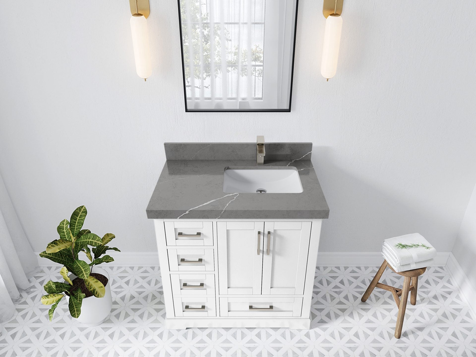 Boston 36 in. W x 22 in. D Single Sink Bathroom Vanity in White with 2 in Piatra Gray Quartz Countertop - Top View