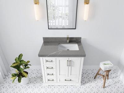 Boston 36 in. W x 22 in. D Single Sink Bathroom Vanity in White with 2 in Piatra Gray Quartz Countertop - Top View
