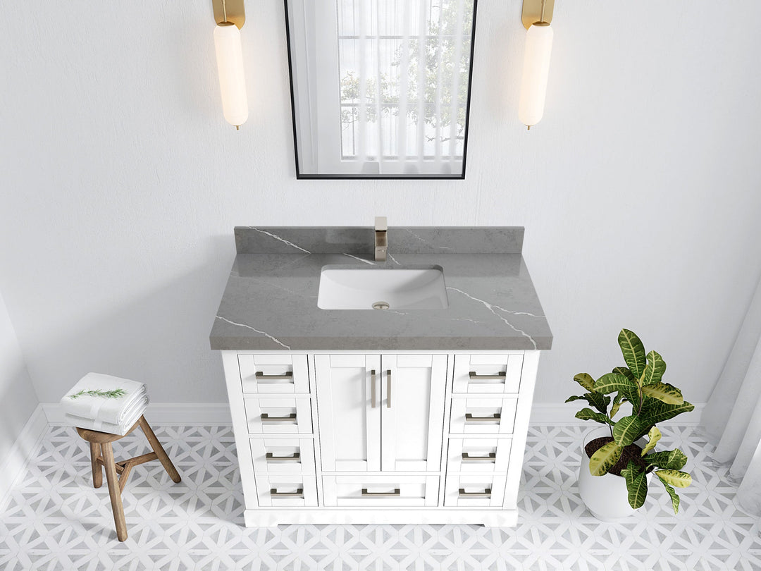 Boston 42 in. W x 22 in. D Single Sink Bathroom Vanity in White with 2 in Piatra Gray Quartz Countertop - Top View