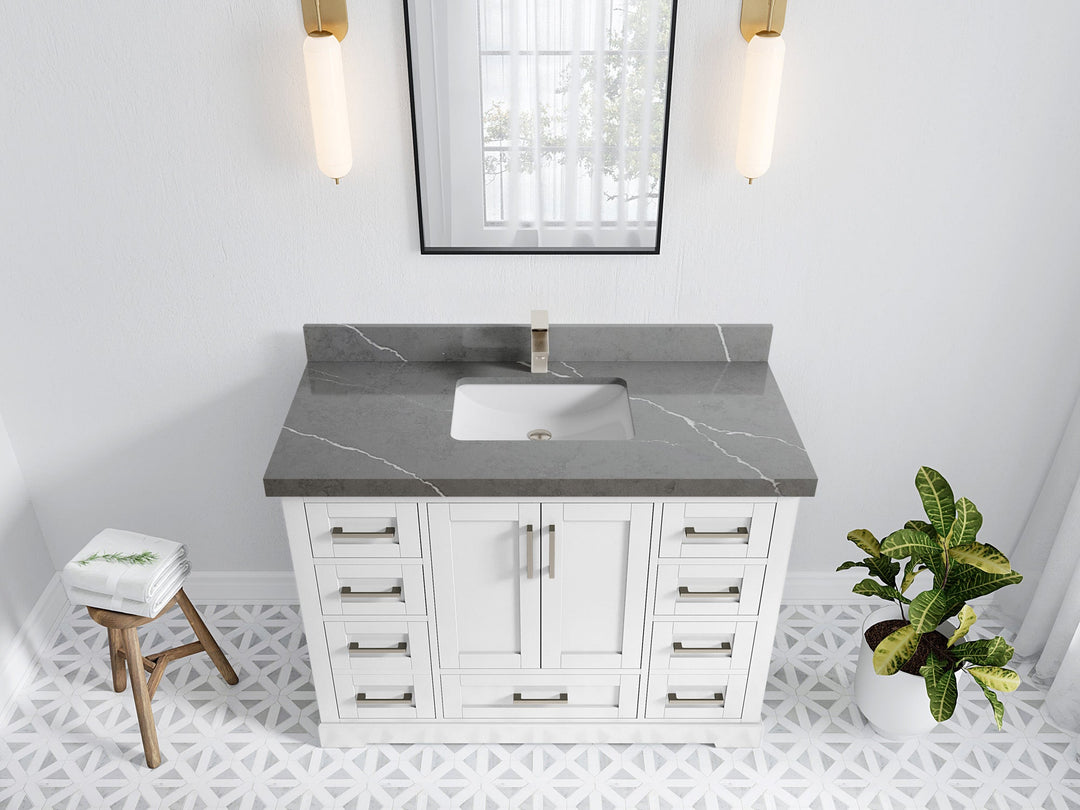 Boston 48 in. W x 22 in. D Single Sink Bathroom Vanity in White with 2 in Piatra Gray Quartz Countertop - Top View