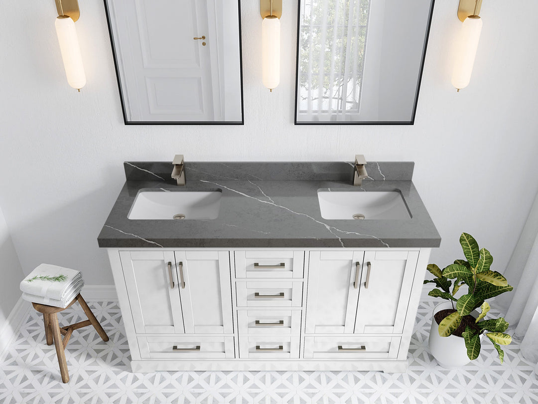 Boston 60 in. W x 22 in. D Double Sink Bathroom Vanity in White with 2 in Piatra Gray Quartz Countertop - Top View