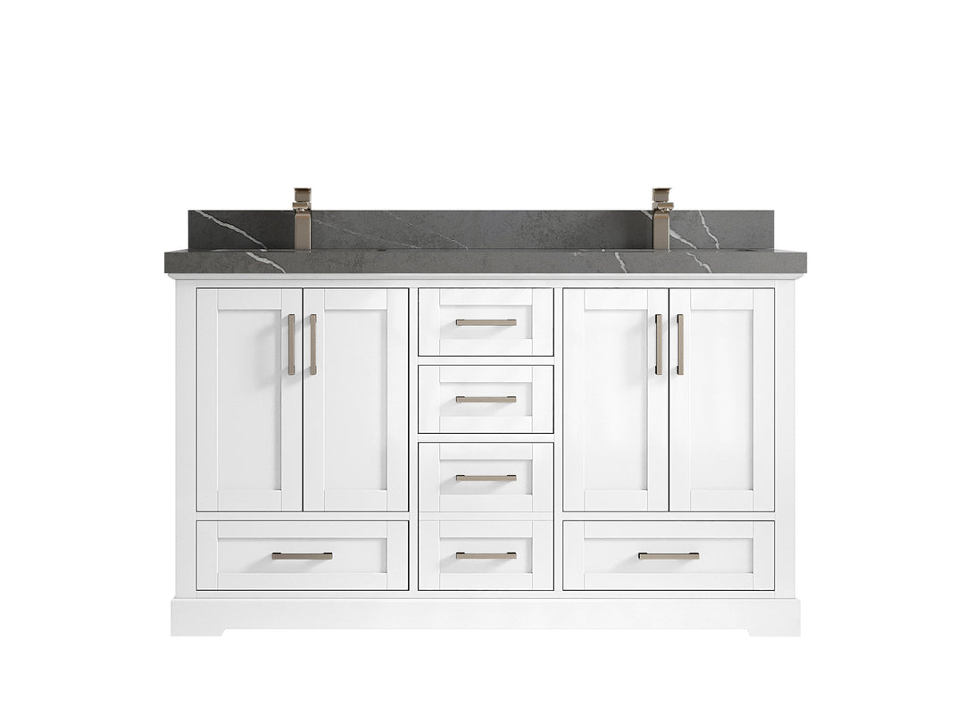 Boston 60 in. W x 22 in. D Double Sink Bathroom Vanity in White with 2 in Piatra Gray Quartz Countertop